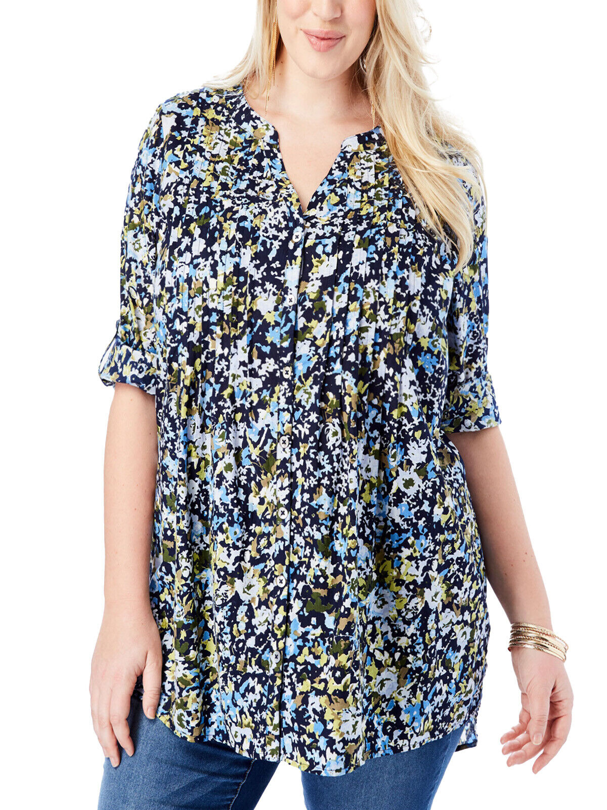 Roamans Blue Floral High-Low Pintuck Cotton Tunic in UK Sizes 20, 22, 32, 34