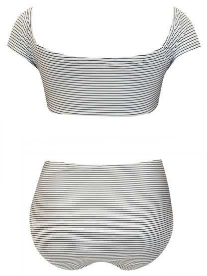 New Boohoo Black/White Striped Bardot High Waist Bikini Set Plus Sizes 16-24