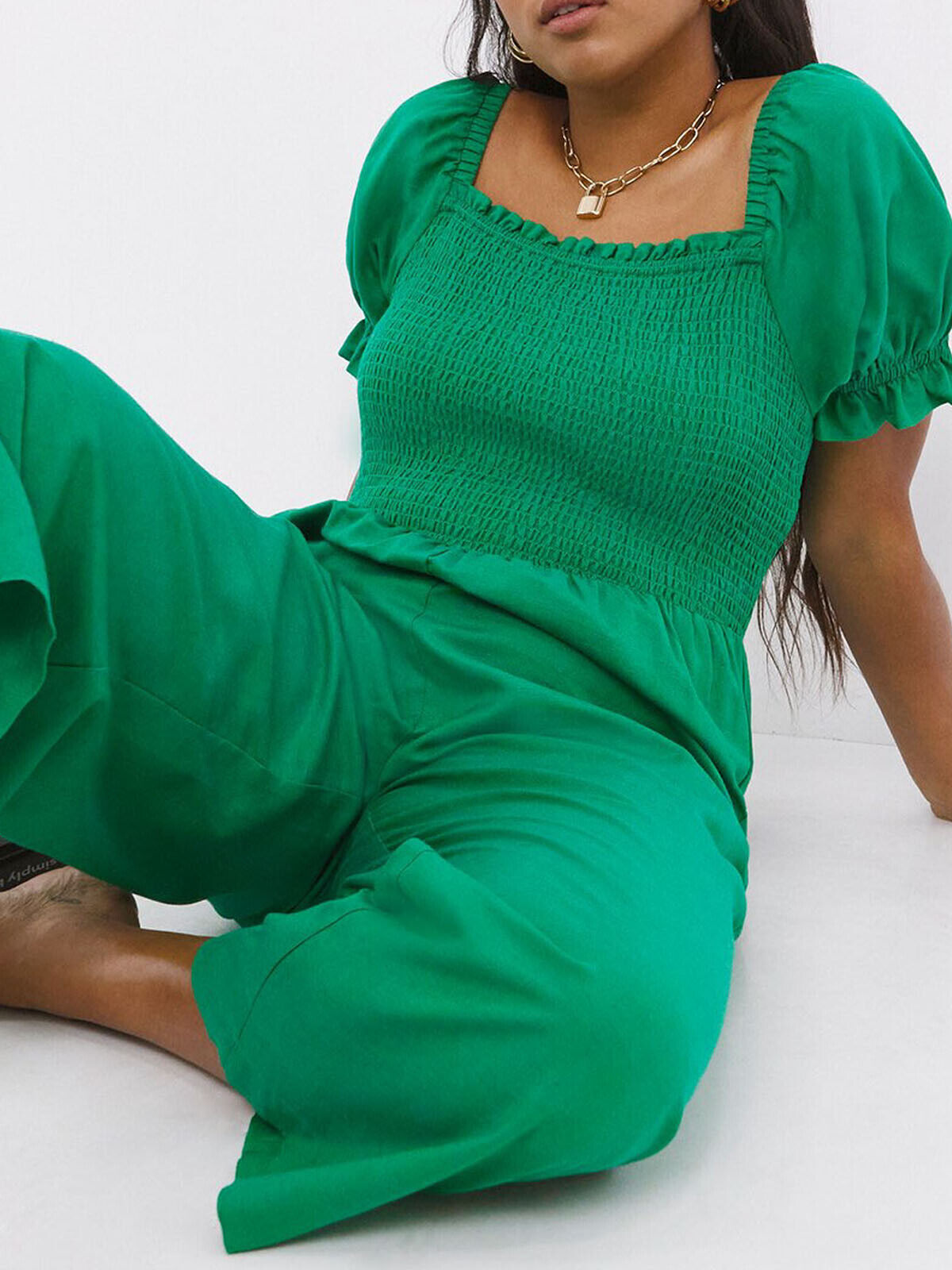 Simply Be Emerald Linen Blend Shirred Culotte Jumpsuit 22, 24, 26, 30, 32 RRP£35