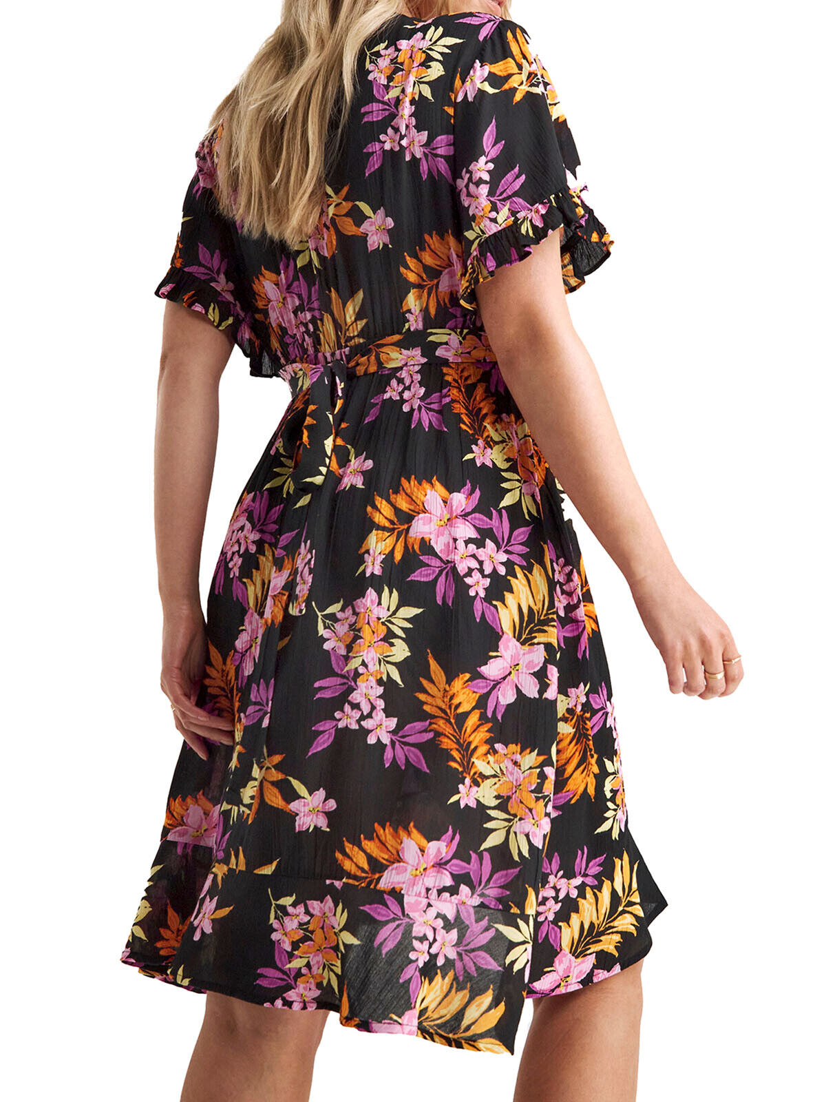 Simply Be Black Tropical Print Crinkle Wrap Skater Dress Size 20, 22, 24, 26, 30