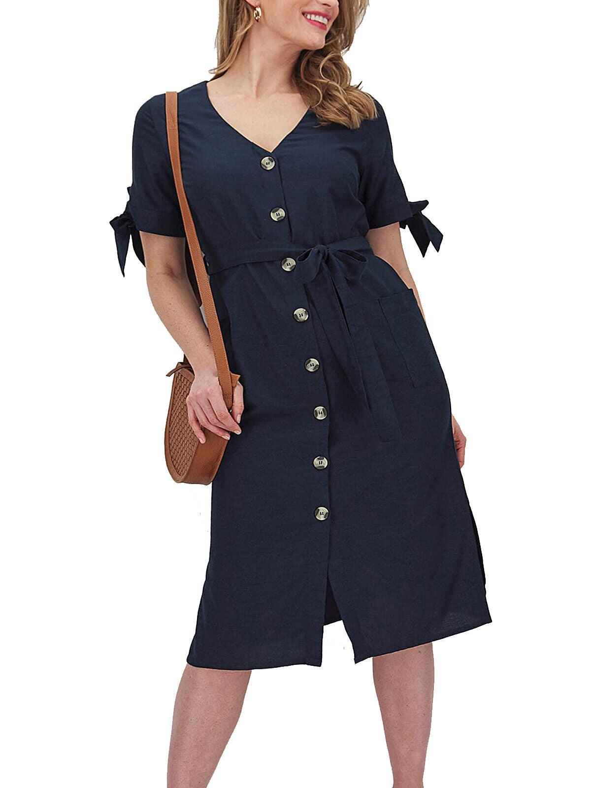 JD Williams Navy Linen Blend Button Through Midi Dress Sizes 24 26 32 NO BELT