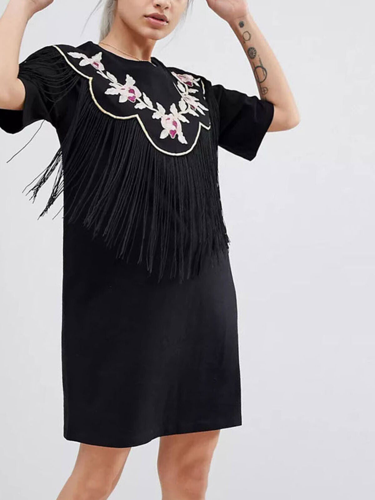 EX ASOS Black Pure Cotton Embroidered Fringe Detail T-Shirt Dress 12, 14, 16, 18