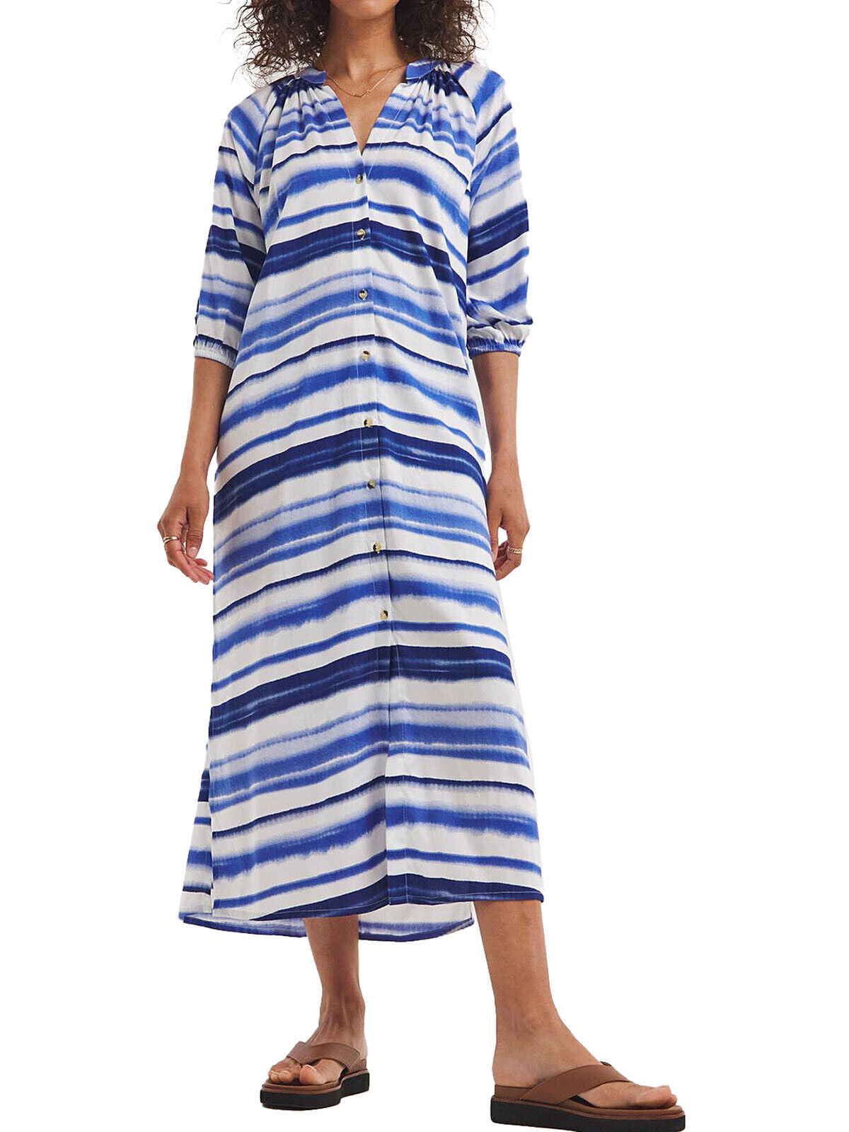 JD Willims Blue Tie Dye Button Through Side Slit Kaftan Dress