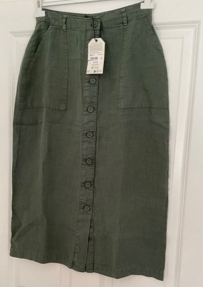 EX Seasalt Green Dark Balsam Rosewell Farm Linen Midi Skirt Sizes 8-20 RRP £65