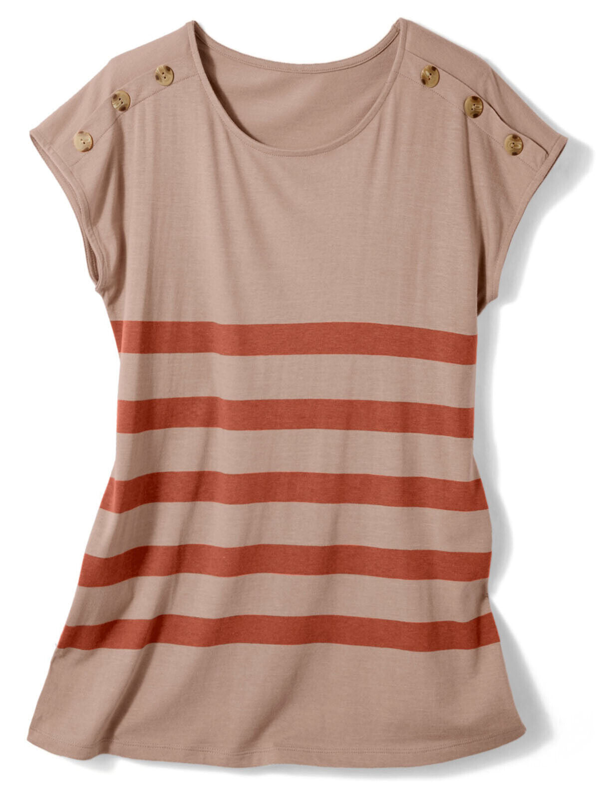 Blancheporte Taupe Striped Button Shoulder T-Shirt in Sizes 14/16, 18/20, 24, 26