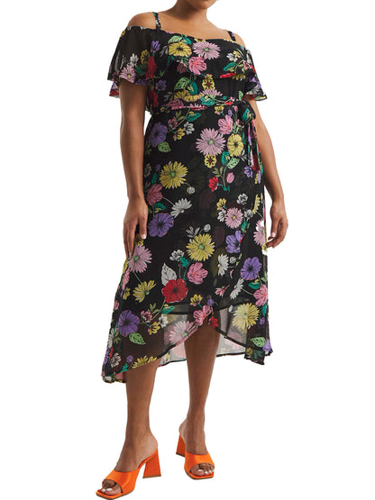 Simply Be Black Floral Bardot Georgette Midi Dress Sizes 18, 20, 22, 24, 26, 28