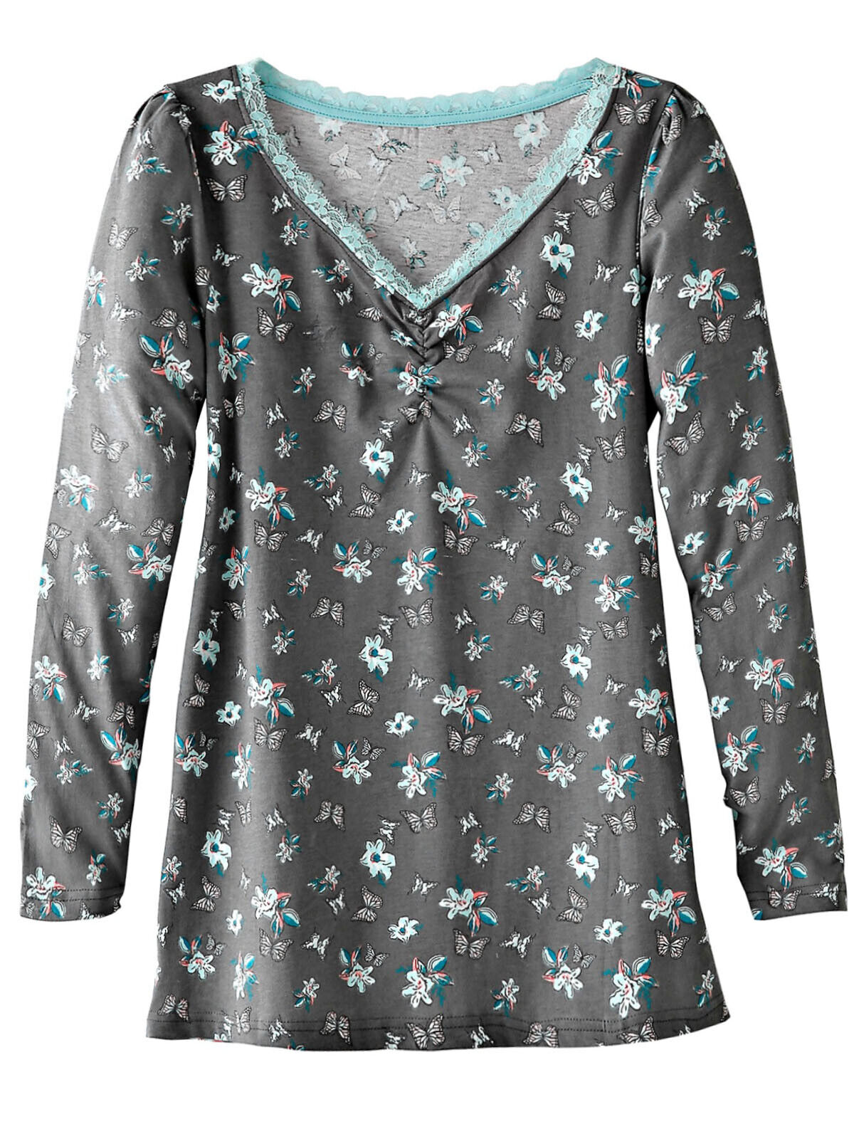Blancheporte Grey Pure Cotton Butterfly Print Lace Trim Pyjama Top Sizes 14-24