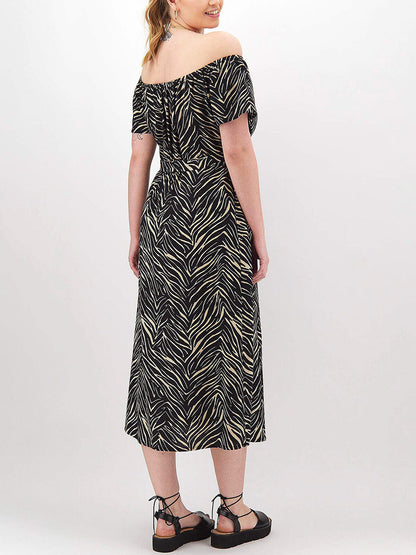 Capsule Black Tiger Print Cotton/Linen Bardot Dress 12 16 18 20 22 24 NO BELT