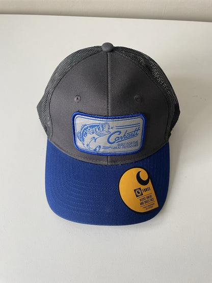 Carhartt Blue/Charcoal Force Canvas Mesh Back Graphic Fish Logo Workwear Cap0