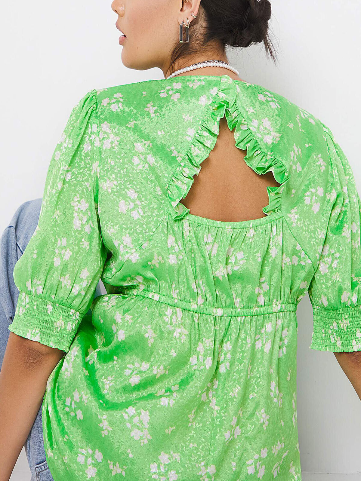Simply Be Green Satin Jacquard Cut Out Back Blouse in Sizes 20, 26, 28, 32