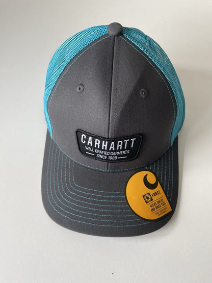 Carhartt Grey/Blue Force Cap Canvas Mesh Back Graphic Logo Workwear Cap0
