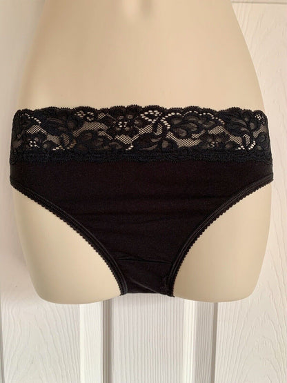 EX M*S Black Cotton Rich Lace Waist High Leg Knickers Sizes 8, 12, 14