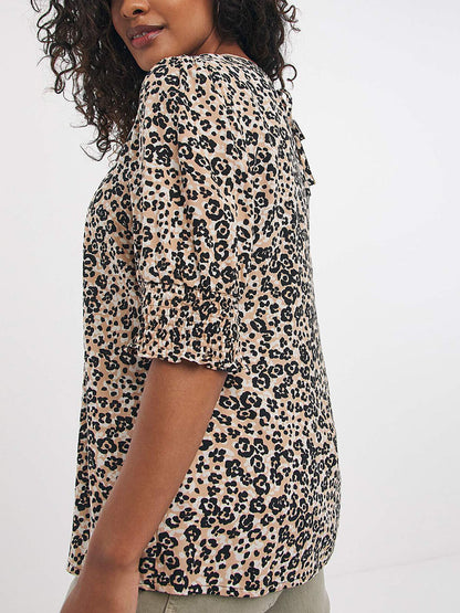 JD Williams Black Animal Print Shirred Cuff Puff Sleeve Top in Sizes 14-32