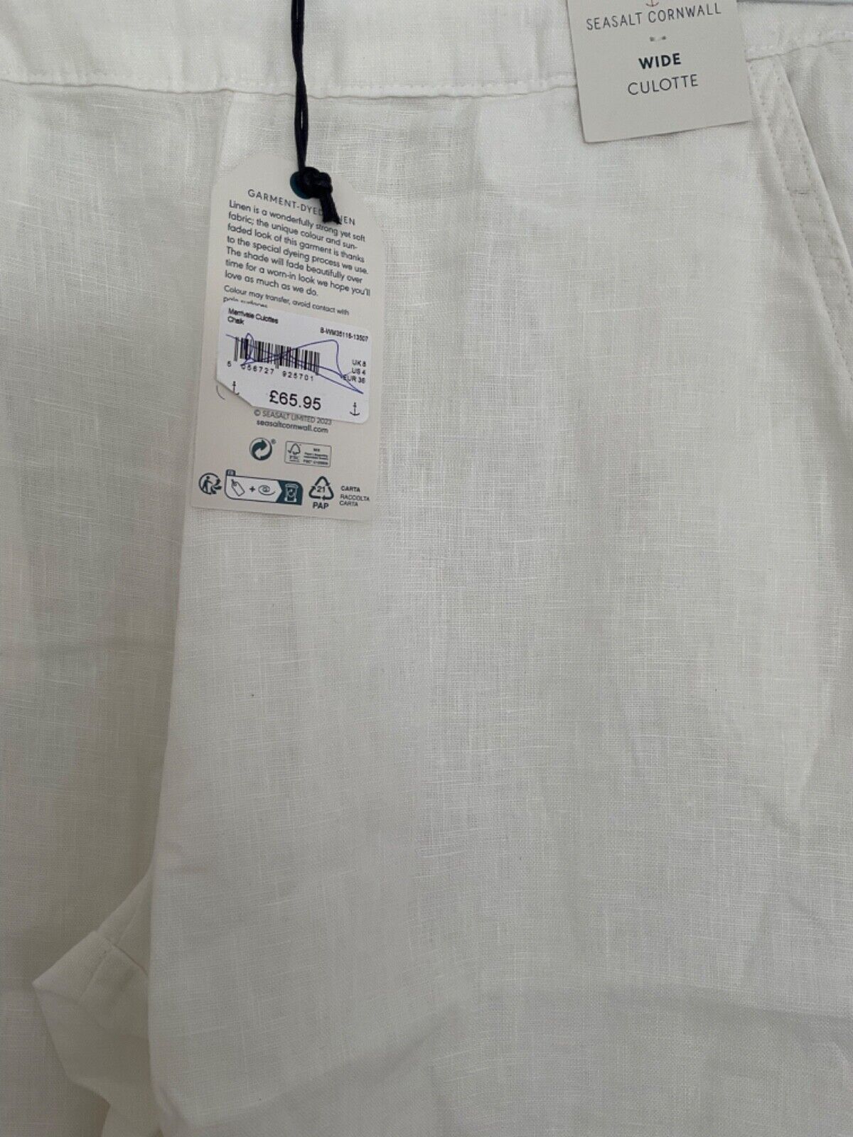 EX Seasalt White Chalk Merrivale Linen Culottes 8-20 Petite or Reg RRP £65.95