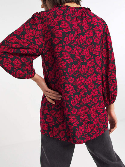 JD Williams Red Floral Frill Collar Volume Sleeve Viscose Top 24 26 28 30 32