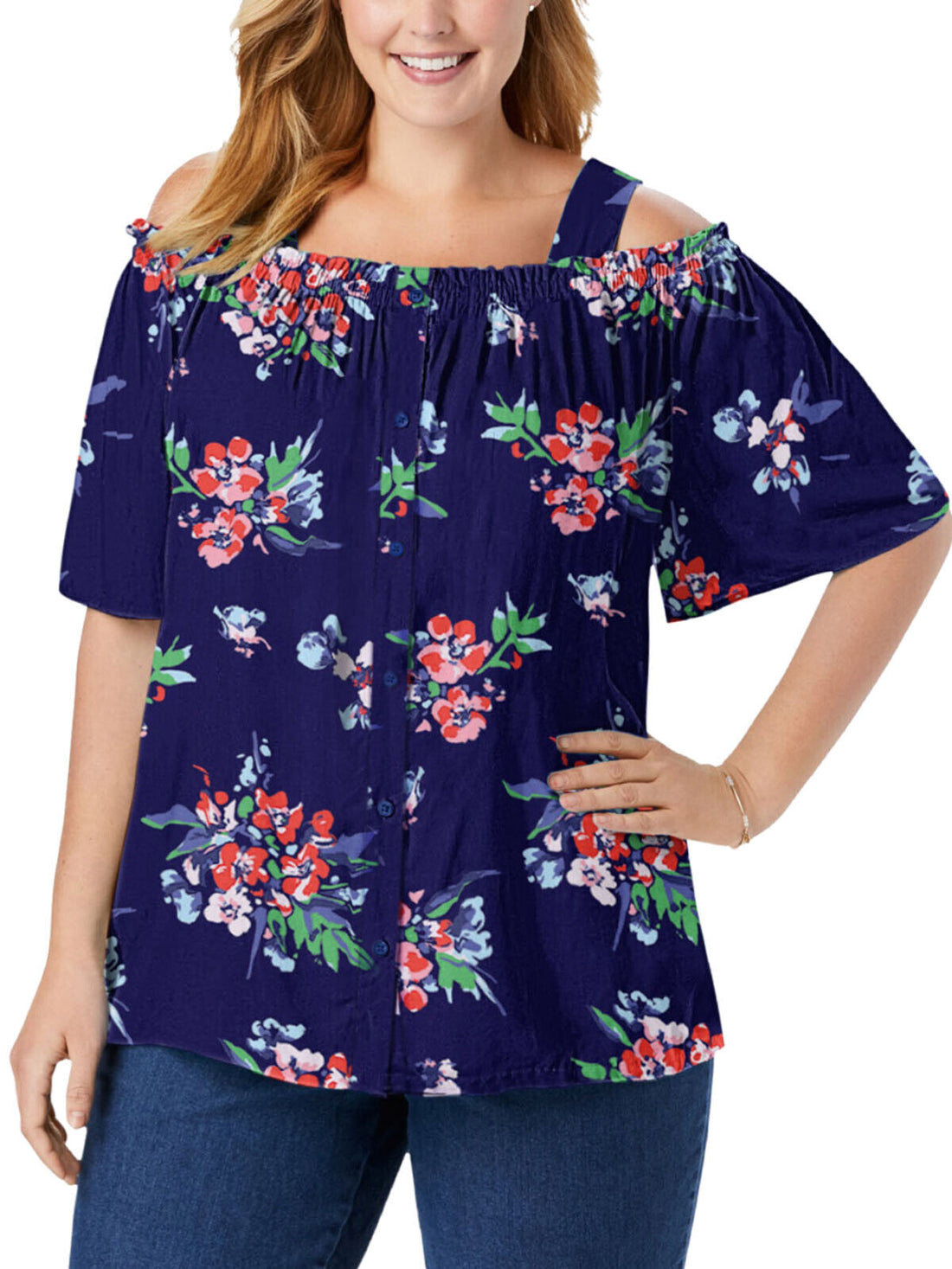 Woman Within Navy Printed Cold Shoulder Blouse 16/18 20/22 28/20 32/34 36/38
