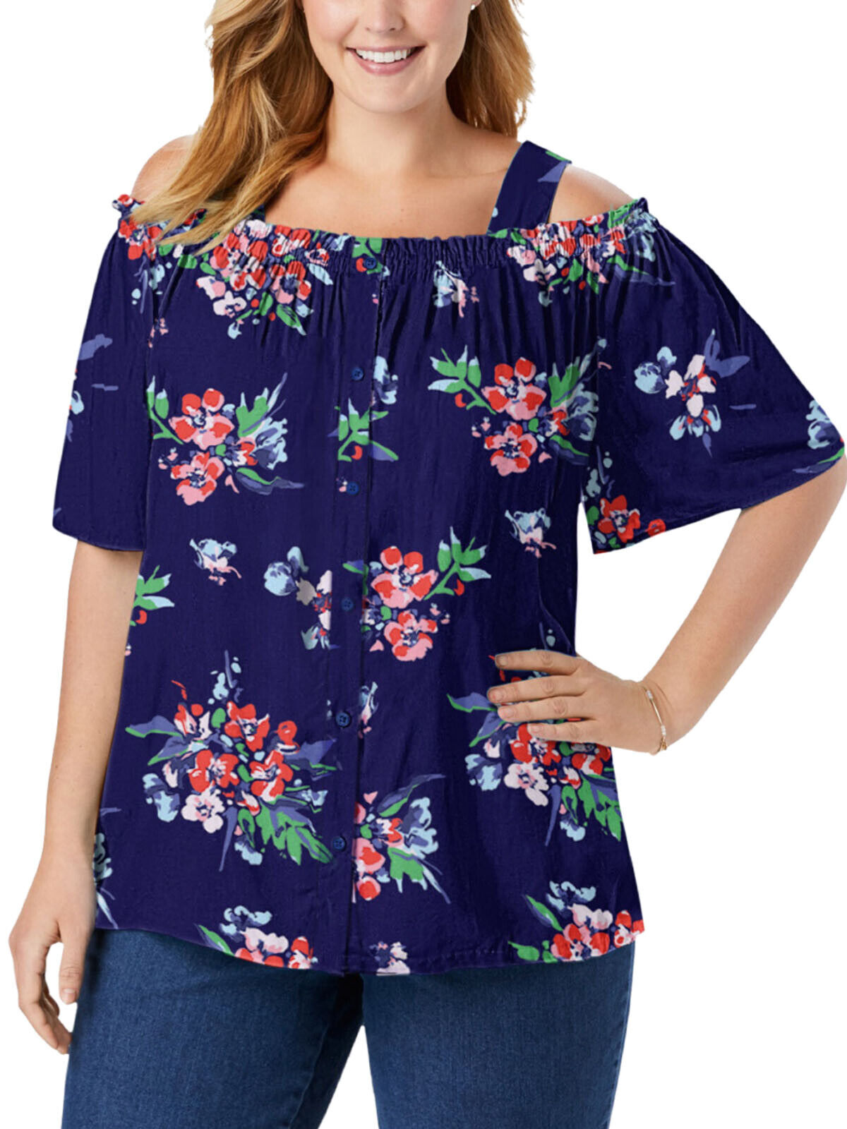 Woman Within Navy Printed Cold Shoulder Blouse 16/18 20/22 28/20 32/34 36/38