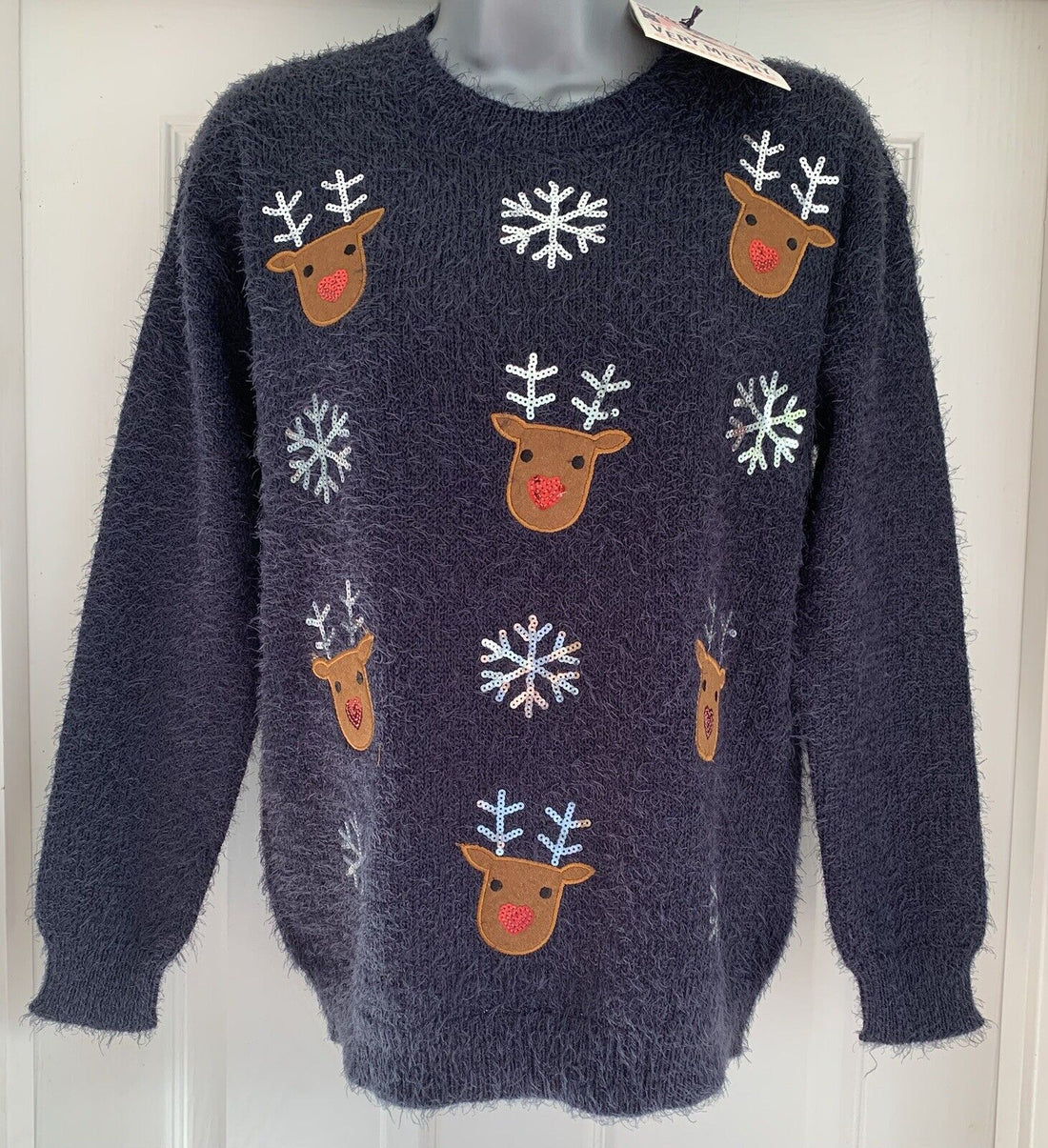 Ladies Navy Sequin Snowflake &amp; Reindeer Fluffy Christmas Jumper 10 12 14 16 18