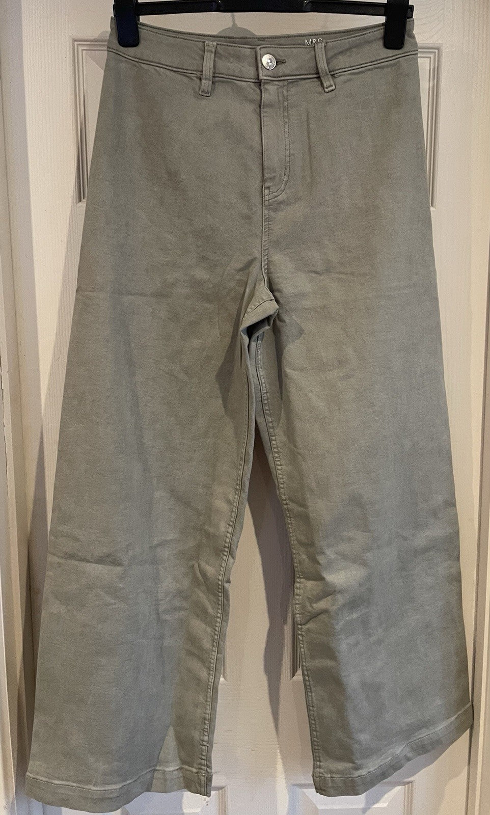 EX M*S Sage Green Wide Leg High Waisted Stretch Denim Cotton Rich Jeans 12 Reg0