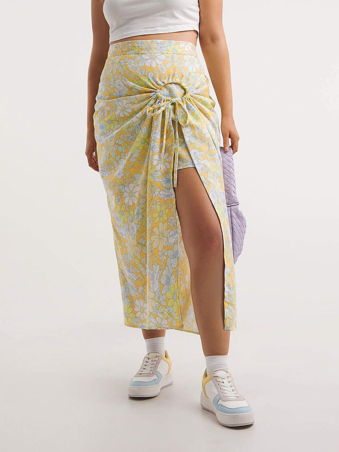 Simply Be Yellow Floral Print Linen Midi Skirt with O-Ring Detail 16-32 RRP £30