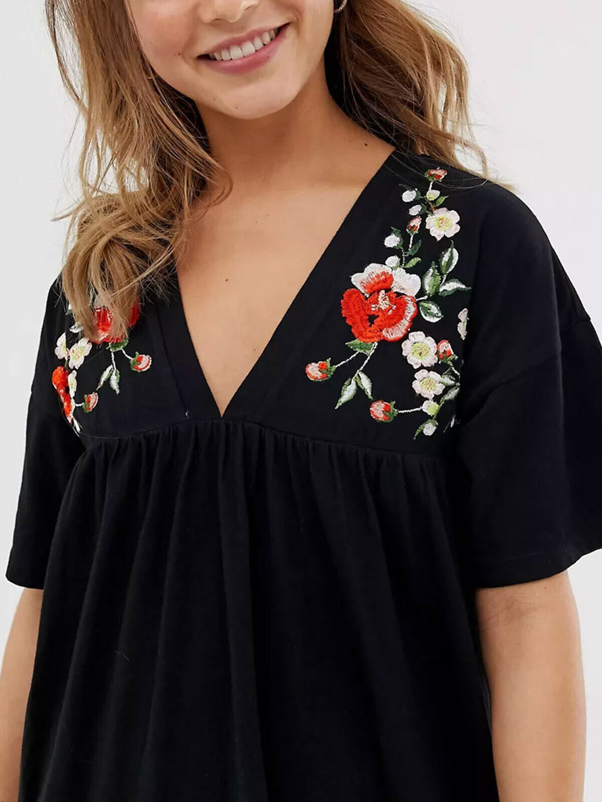 EX ASOS Black Pure Cotton Floral Embroidered Smock Dress Sizes 8, 12, 18, 20, 26