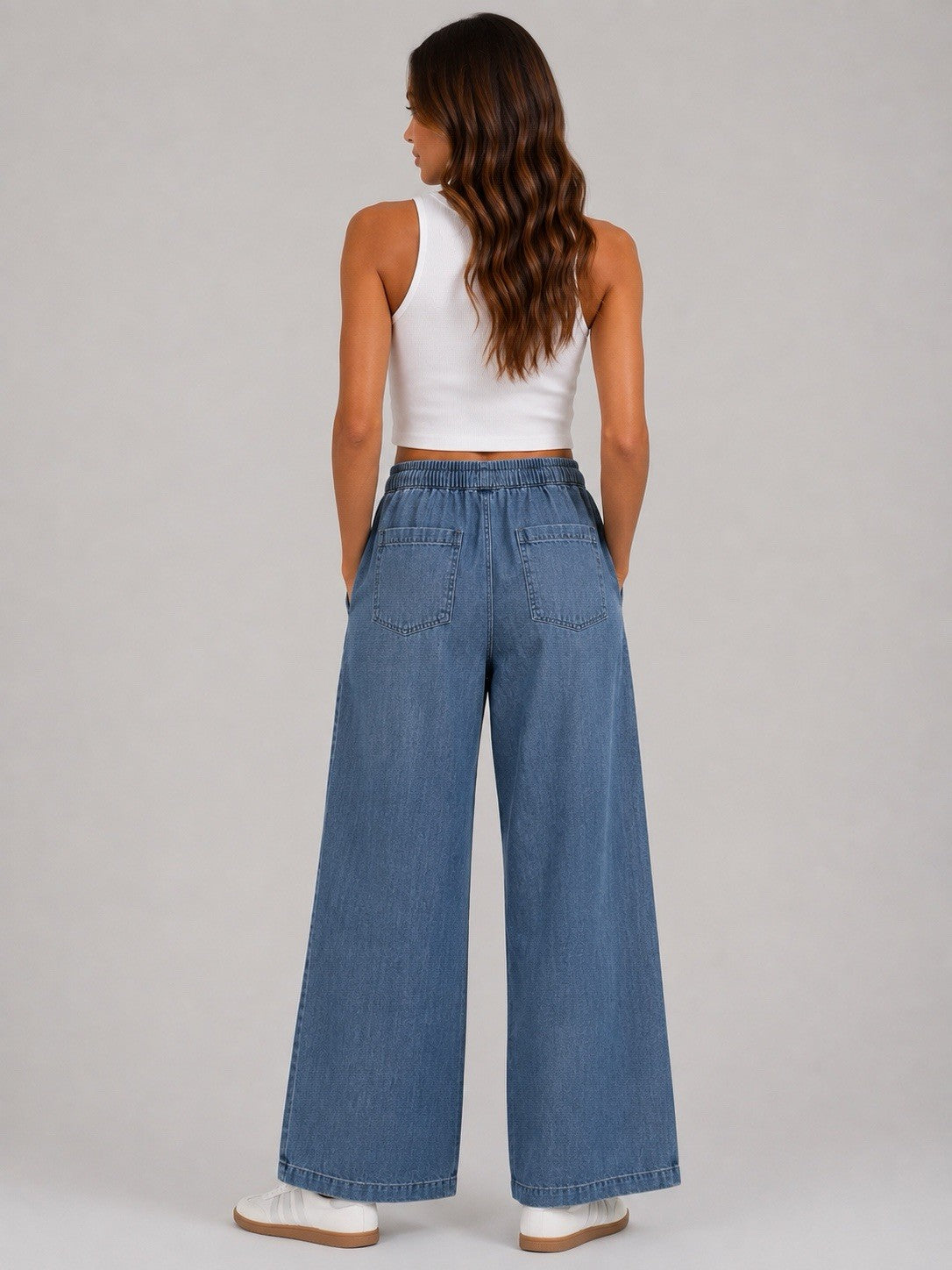 EX M*S Blue Soft Denim Wide Leg Elasticated Drawsting Jeans Size 20R1