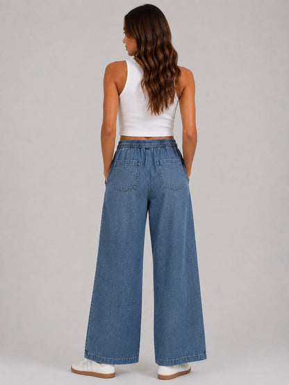 EX M*S Blue Soft Denim Wide Leg Elasticated Drawsting Jeans Size 20R1