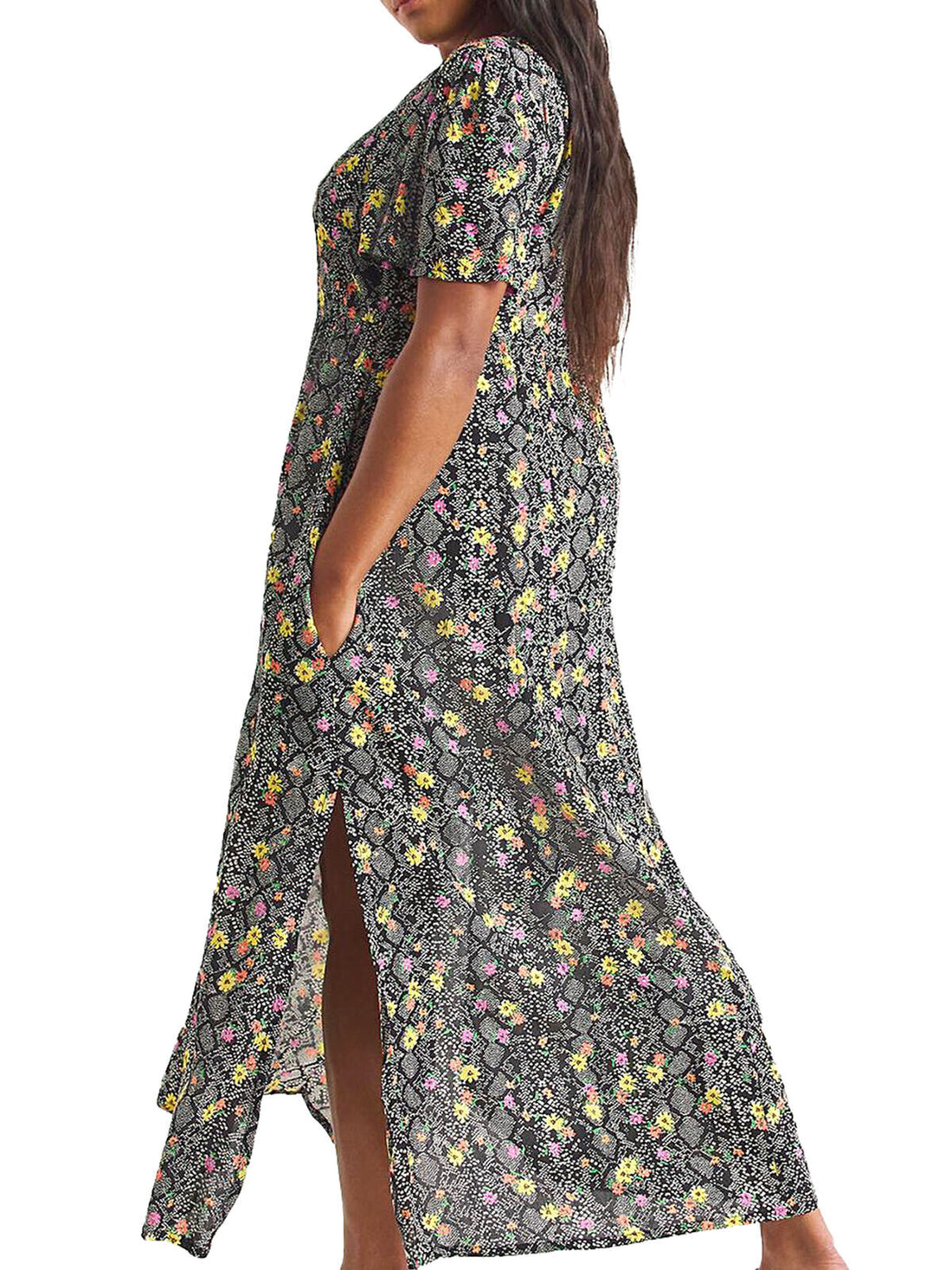 Simply Be Black Floral Print Button Through Tea Dress Sizes 20, 22, 24, 26, 28