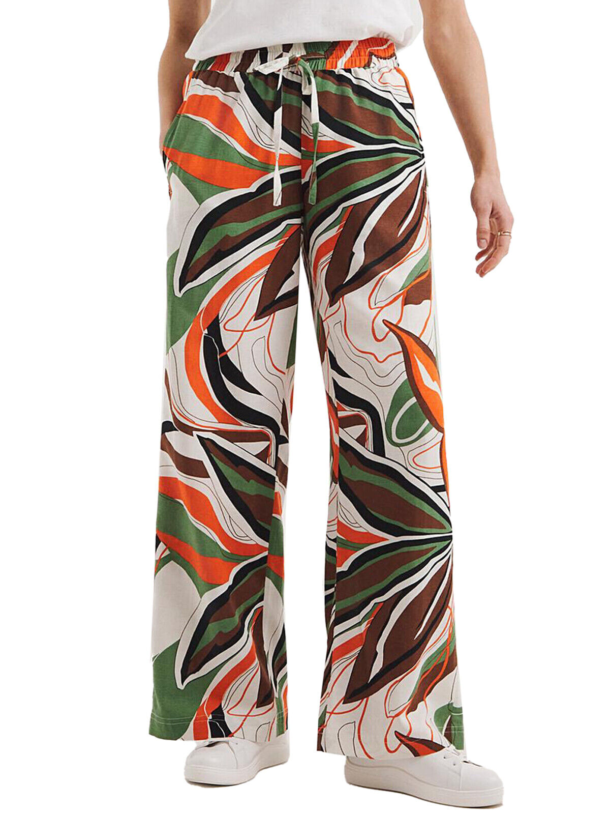 JD Williams Multi Linen Blend Printed Tie Waist Wide Leg Trousers 20 22 24 26 30