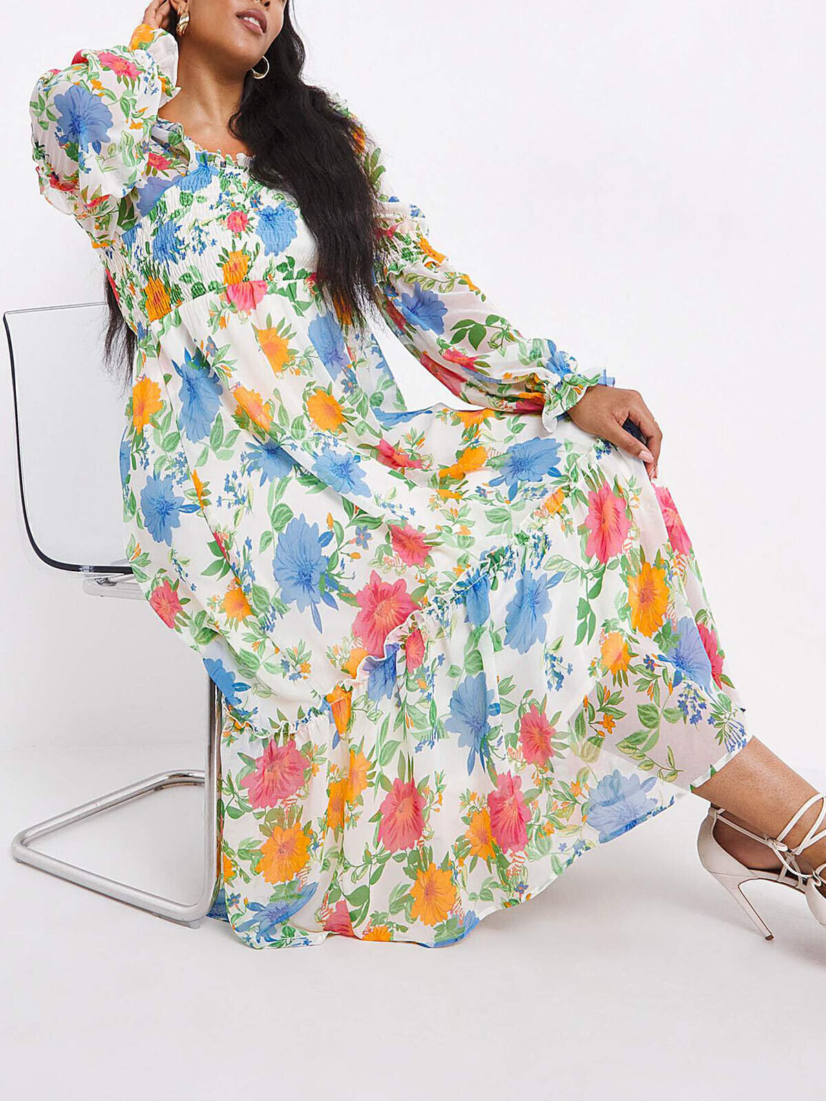 Simply Be Ivory Floral Shirred Long Sleeve Tiered Midi Dress 22, 24, 28, 30, 32