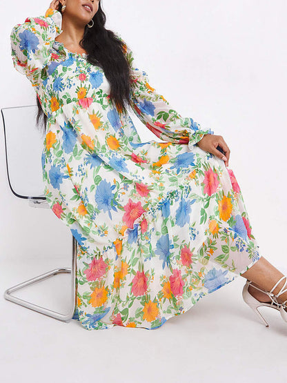 Simply Be Ivory Floral Shirred Long Sleeve Tiered Midi Dress 22, 24, 28, 30, 32