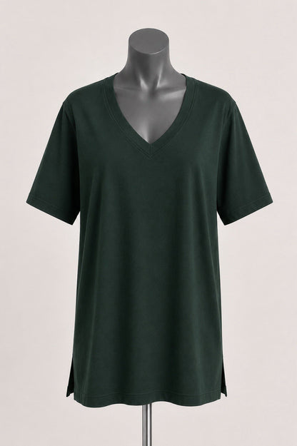 Dark Green Cotton Modal Slouch V-Neck T-Shirt Size 2XL0