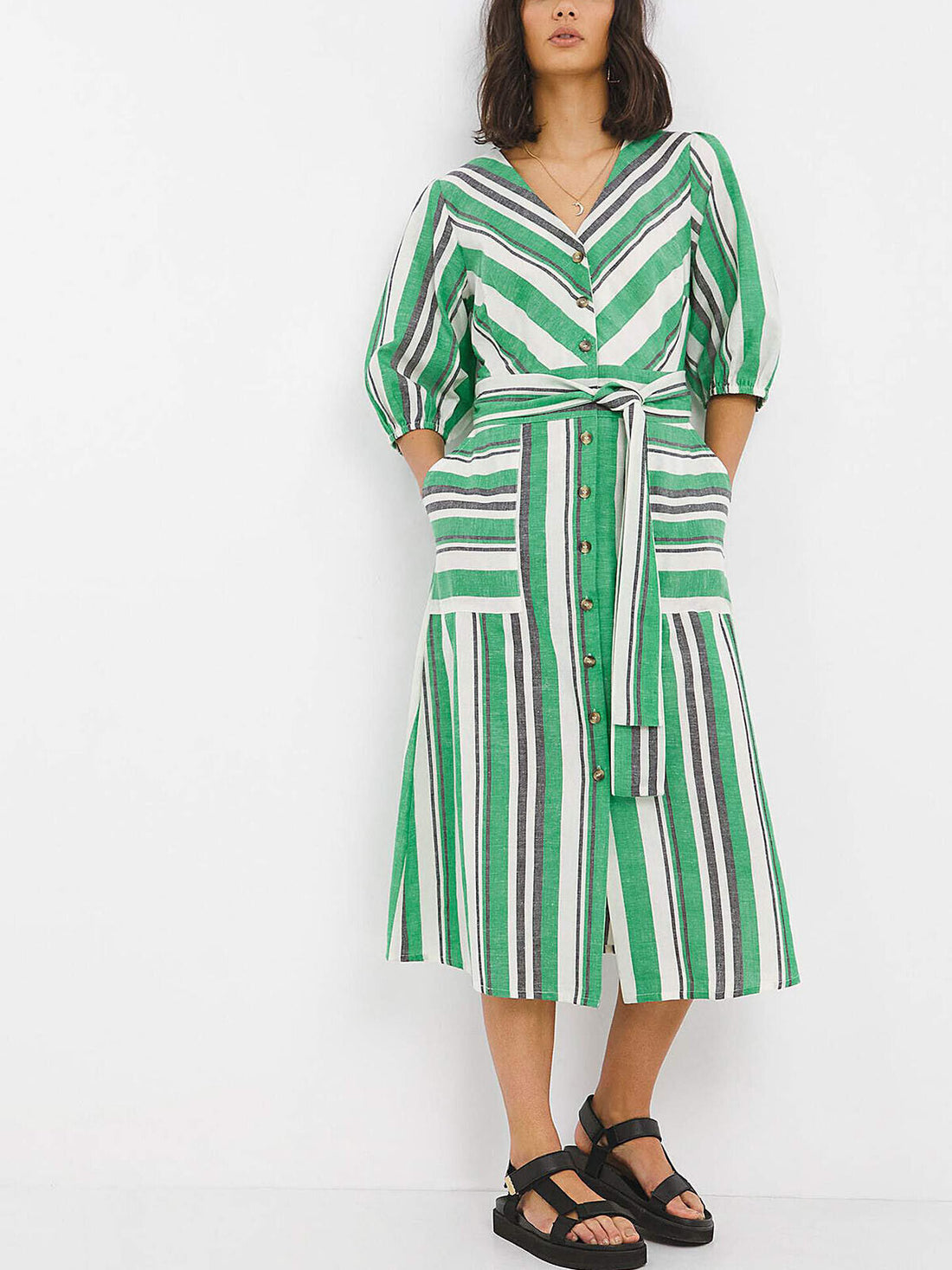 JD Williams Green Striped Button Down Linen Dress 18 22 24 26 28 30 32 RRP £40