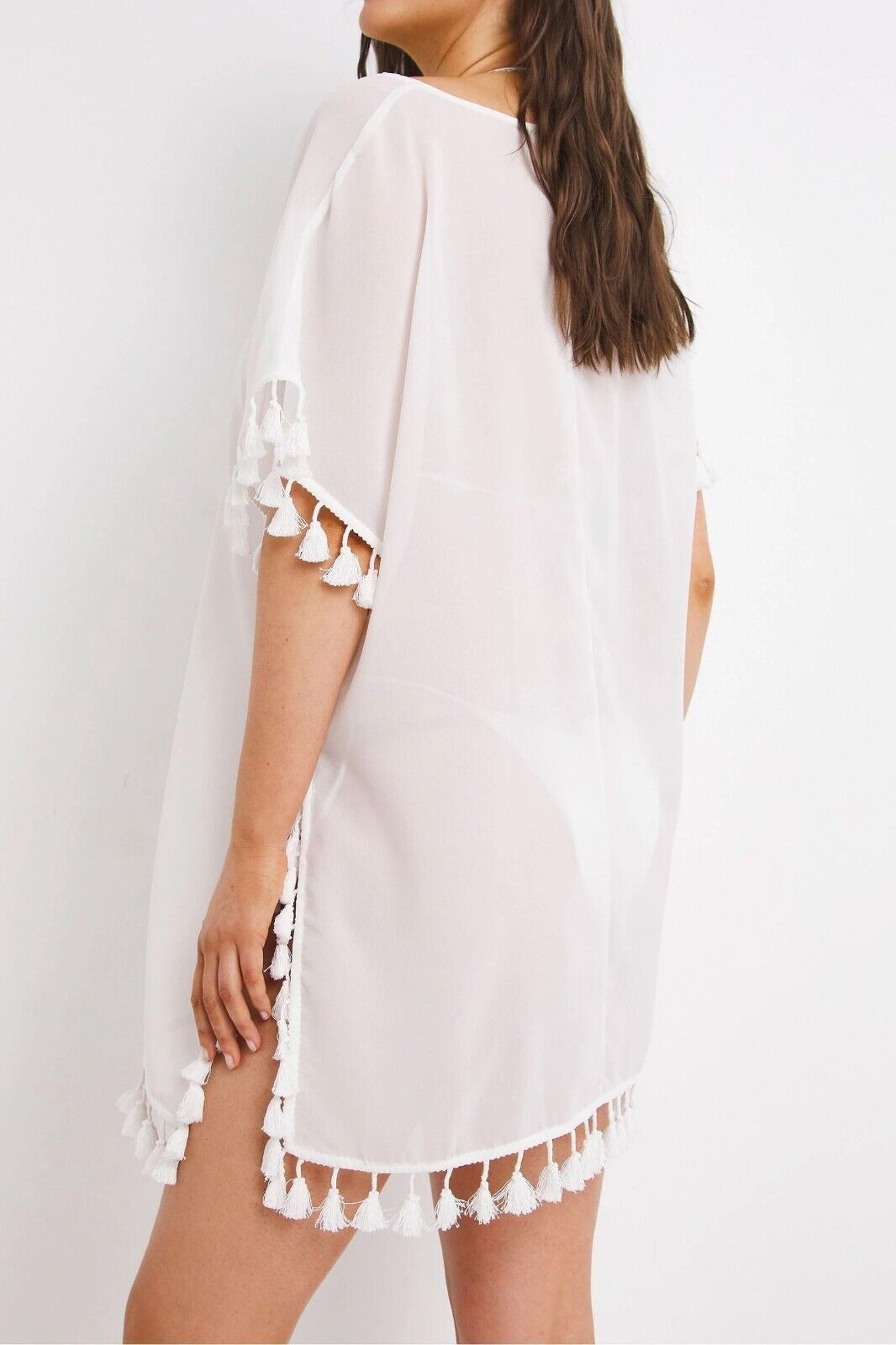 Simply Be White Tassel Trim SHEER Kaftan in Sizes 18, 22, 26, 28