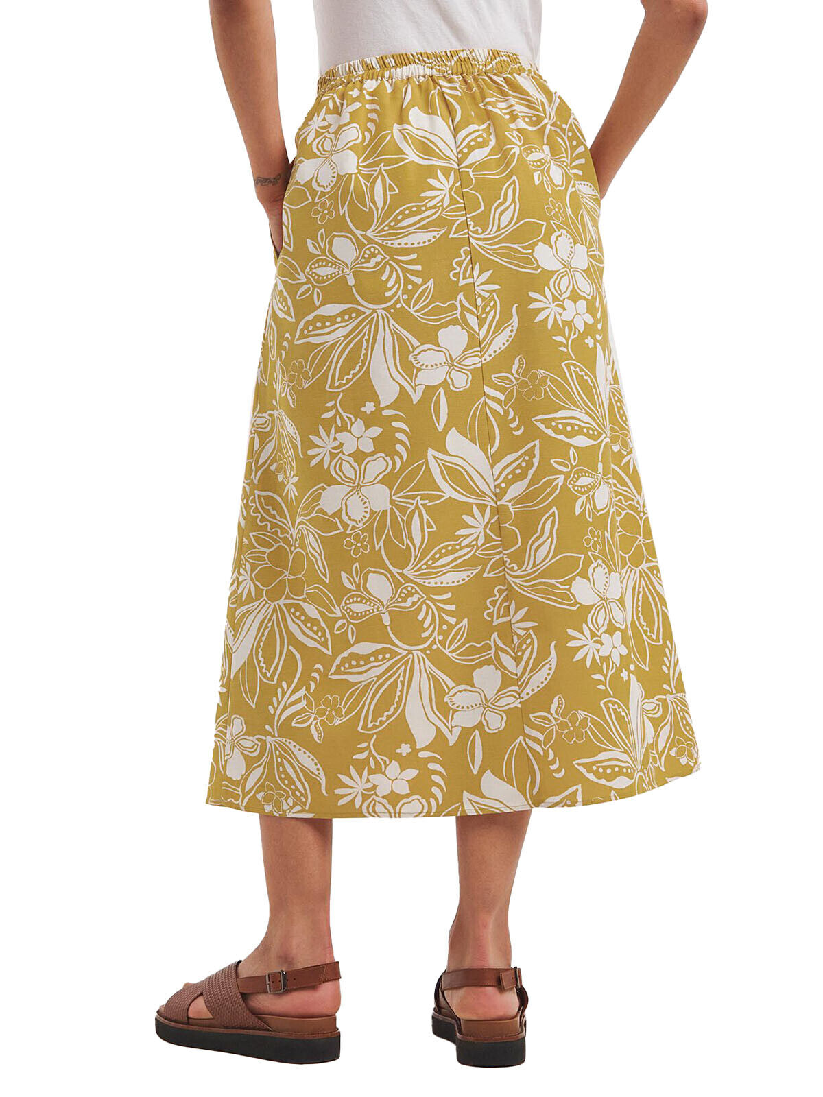 JD Williams Yellow Floral Print Linen Blend Midi Skirt 20 22 24 26 28 32 RRP £36