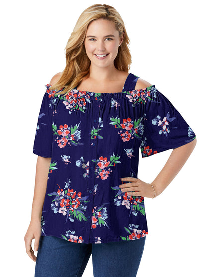 Woman Within Navy Printed Cold Shoulder Blouse 16/18 20/22 28/20 32/34 36/38