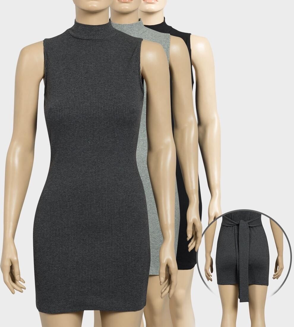 Elisa Ladies Ribbed Bodycon Sleeveless Mini Dress in Black or Grey