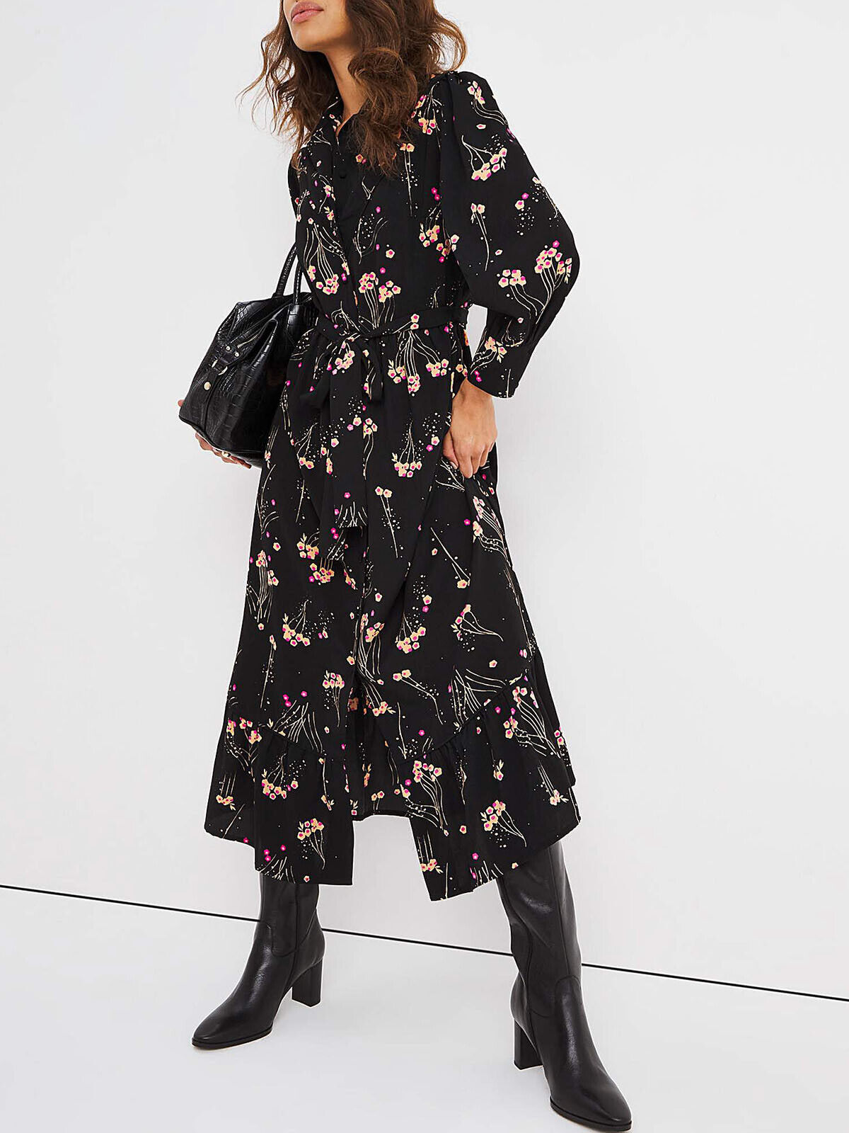 JD Williams Black Floral Tie Waist Midi Shirt Dress in Sizes 14, 16, 18 RRP £50
