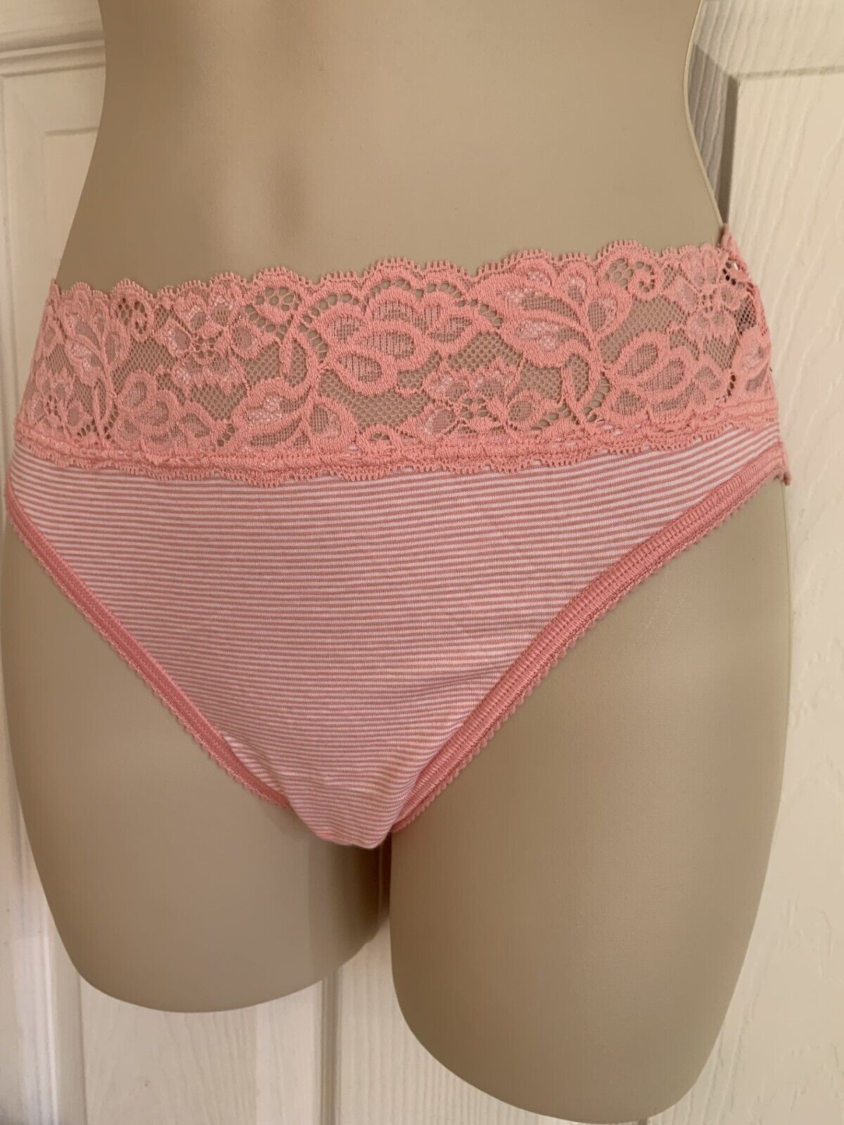 EX M*S Dusty Pink Stripe Cotton Rich Lace Striped High Leg Knickers Size 10-22