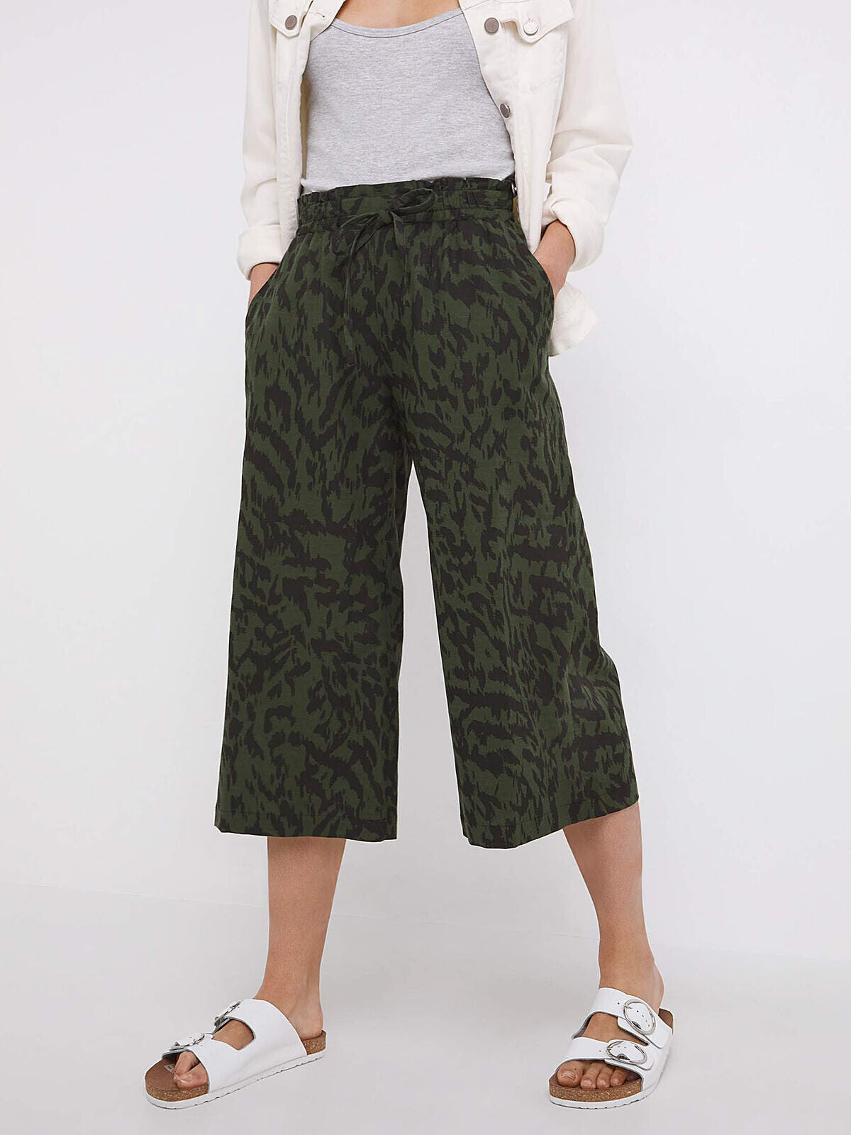 Capsule Khaki Animal Pull On Linen Mix Wide Leg Culottes 16 18 20 22 24 26 30 32