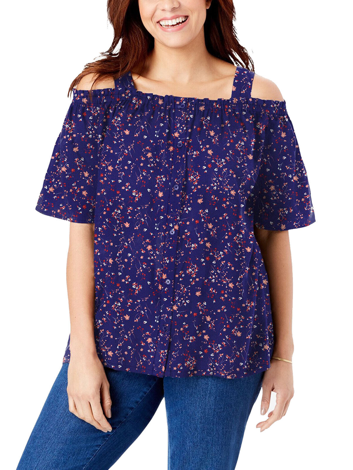 Woman Within Navy Blue Printed Cold Shoulder Blouse 24/26, 28/30, 36/38