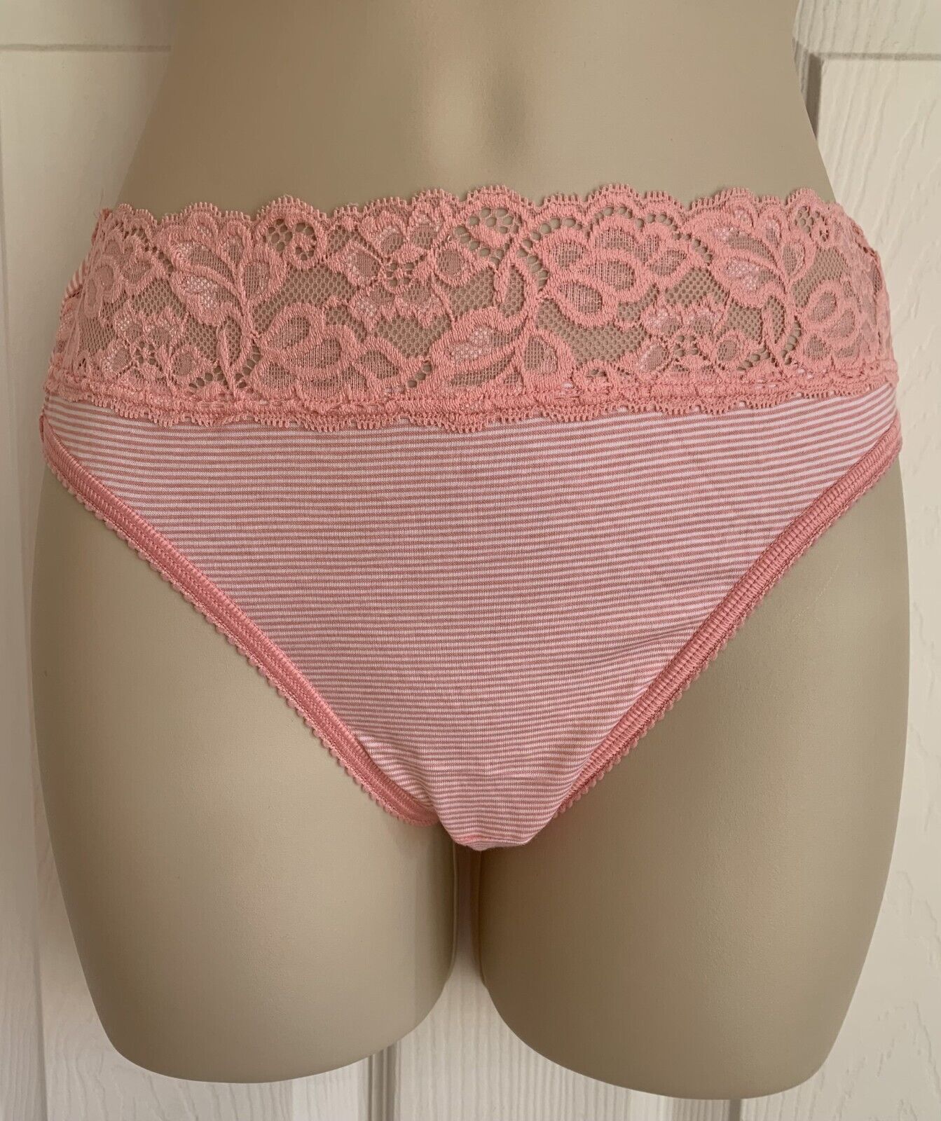 EX M*S Dusty Pink Stripe Cotton Rich Lace Striped High Leg Knickers Size 10-22