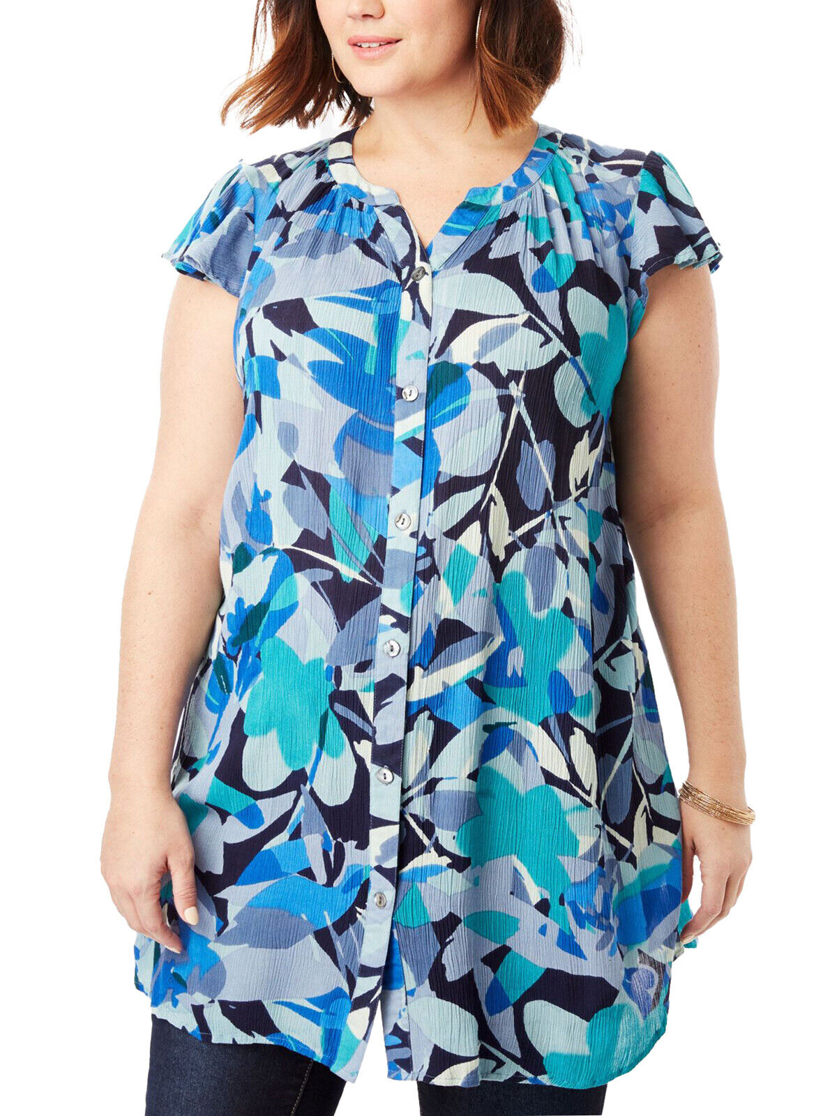 Roamans Blue Floral Print Flutter-Sleeve Angelina Tunic UK Sizes 14-36