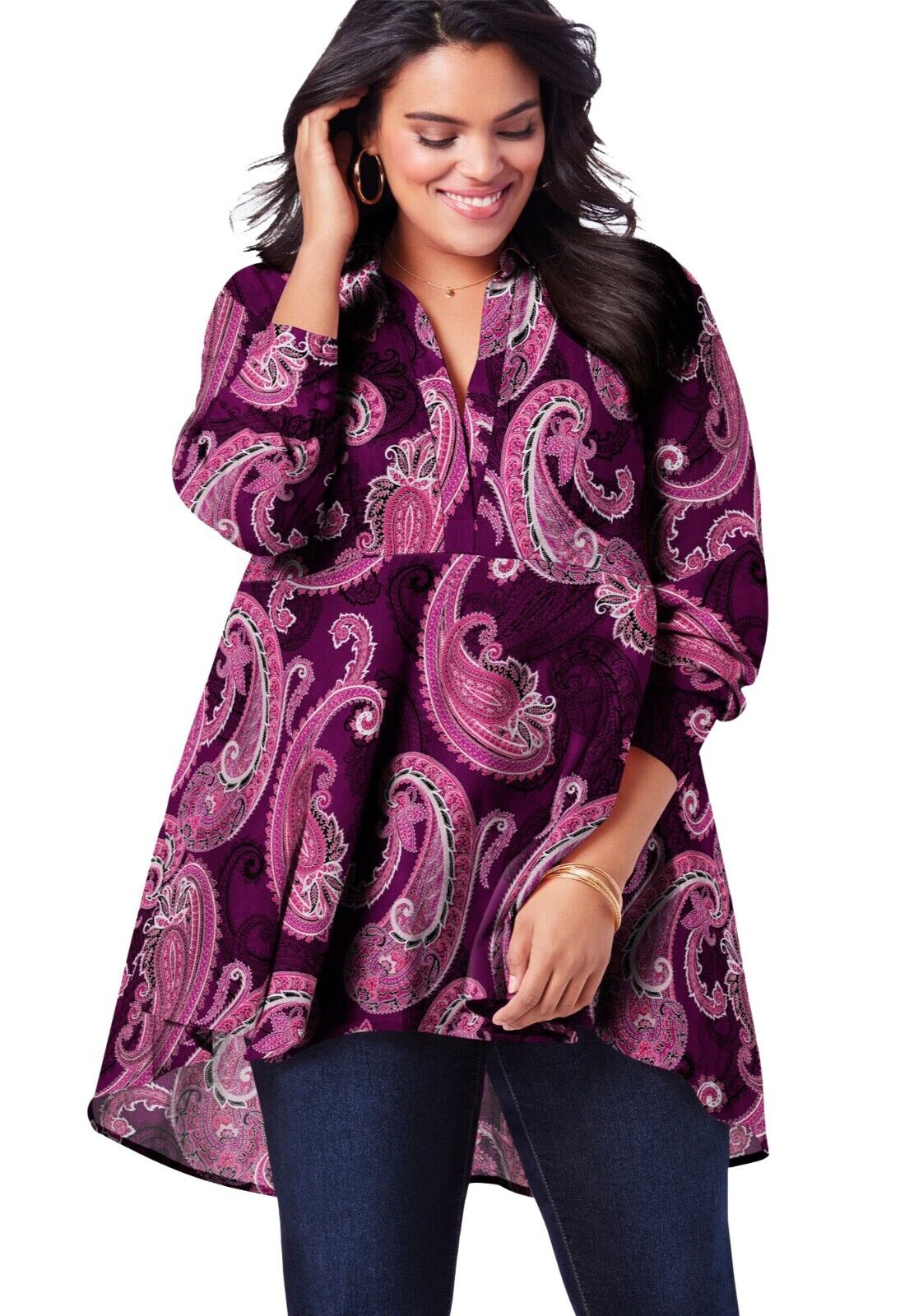 Roamans Purple Paisley Print Fit-And-Flare Crinkle Tunic Sizes 16 22 24 30 34 36