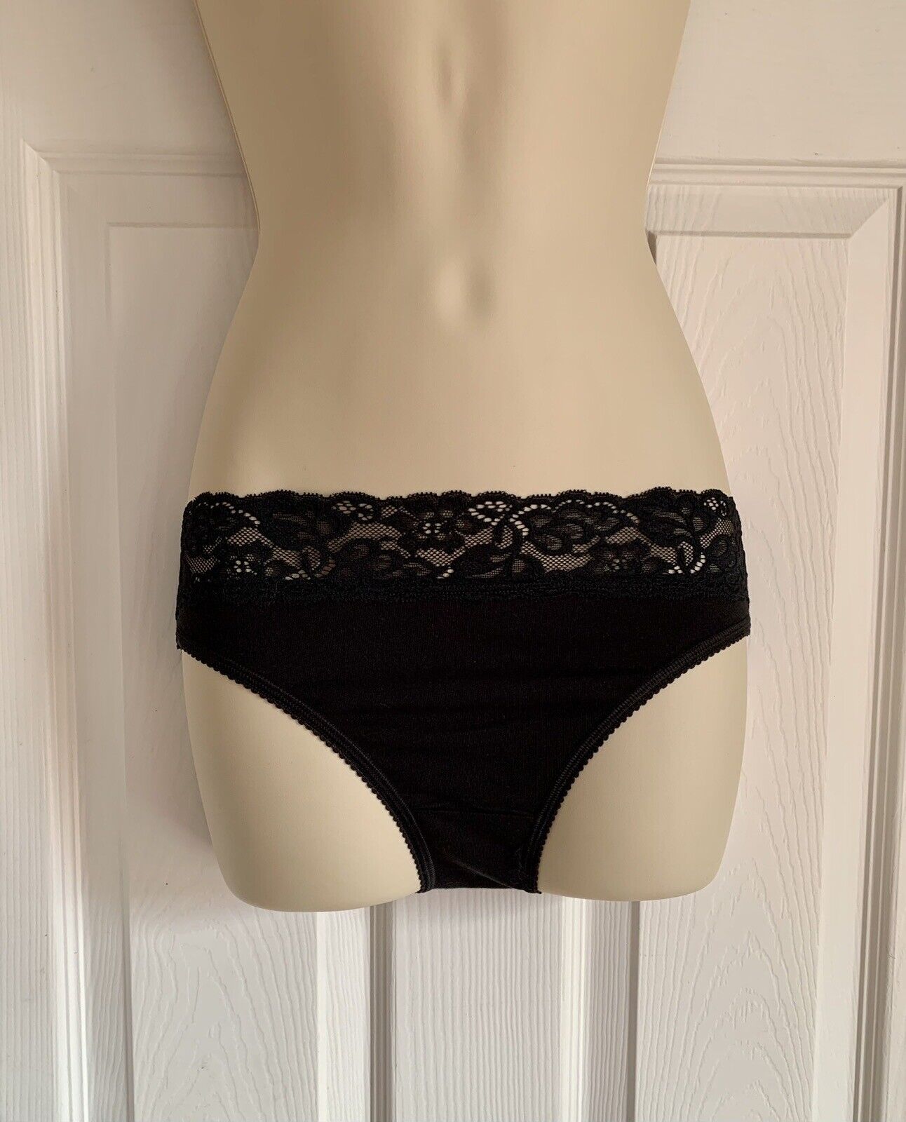 EX M*S Black Cotton Rich Lace Waist High Leg Knickers Sizes 8, 12, 14