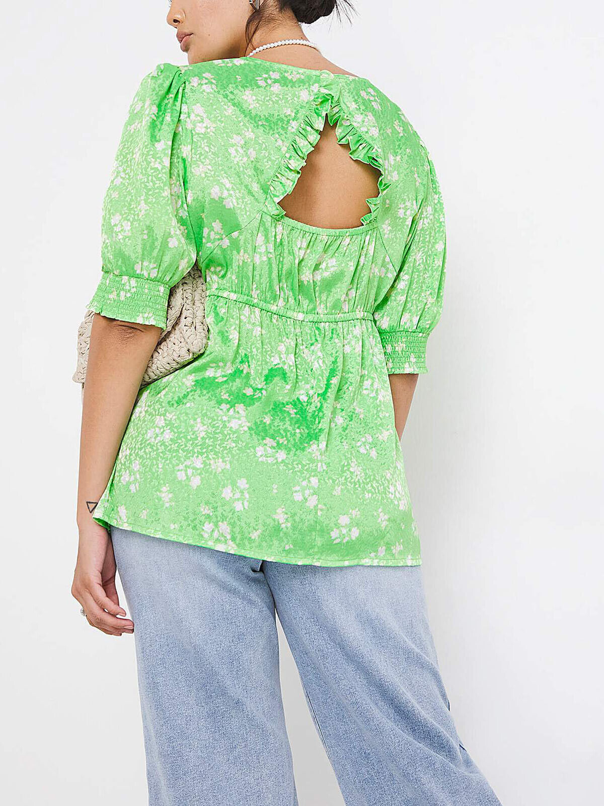 Simply Be Green Satin Jacquard Cut Out Back Blouse in Sizes 20, 26, 28, 32