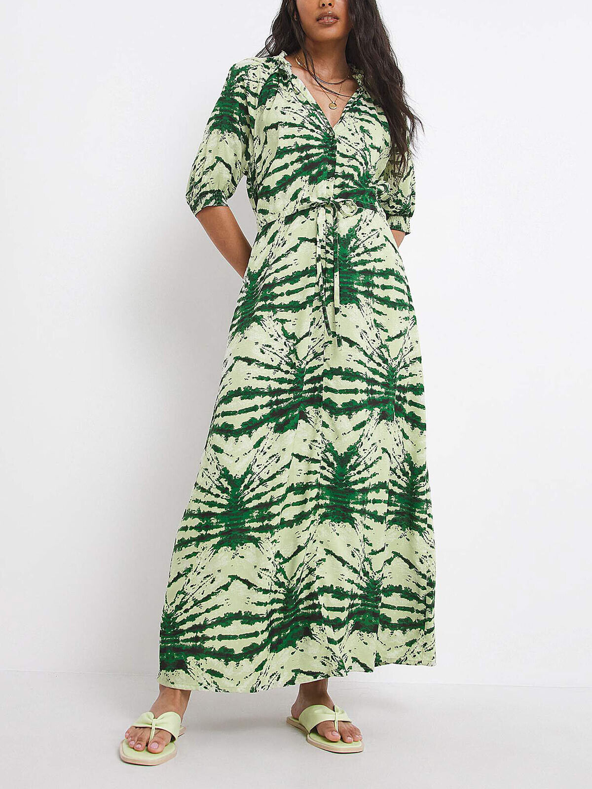 JD Williams Green Printed Open Neck Waisted Midi Dress 14, 18, 20, 24, 26, 28