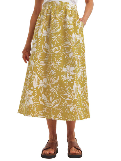 JD Williams Yellow Floral Print Linen Blend Midi Skirt 20 22 24 26 28 32 RRP £36