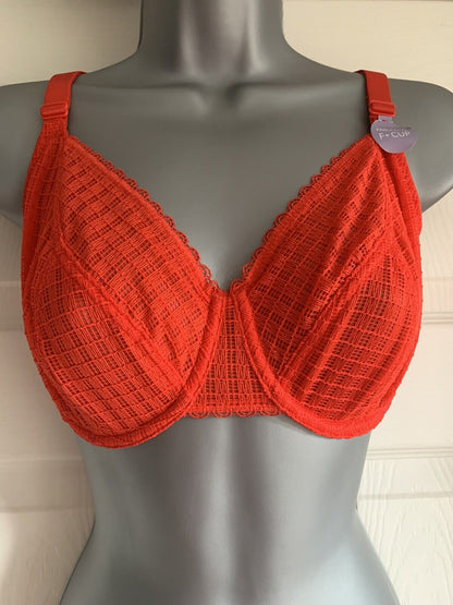EX M*S Red Flame Balcony Bra Underwired | Geometric Lace Sheer Mesh 32F or 36GG