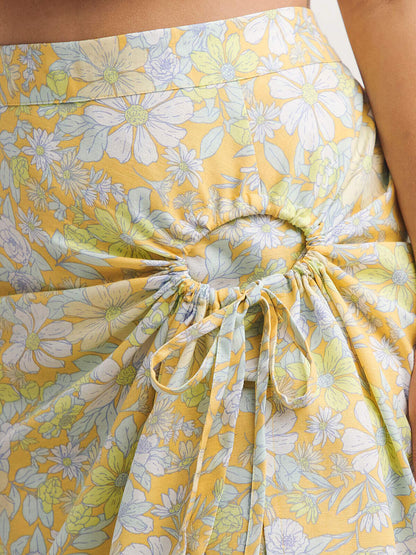 Simply Be Yellow Floral Print Linen Midi Skirt with O-Ring Detail 14-32 RRP £30